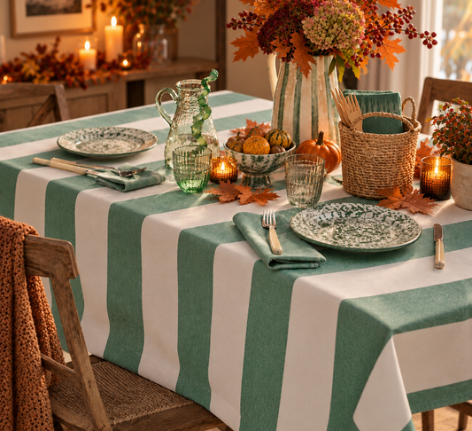 Green & Cream Striped Tablecloth – 160 x 250cm