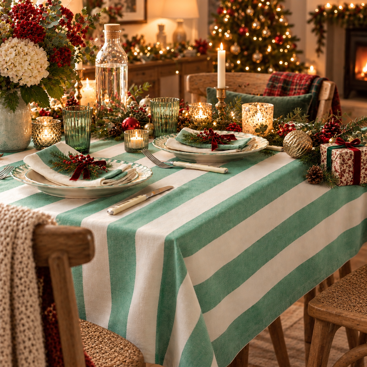Green & Cream Striped Tablecloth – 160 x 250cm