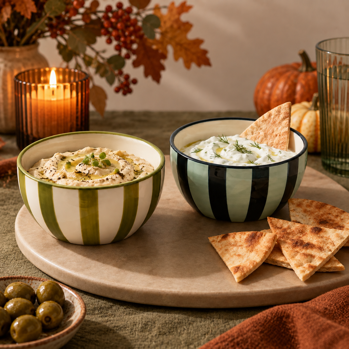 The Bella Striped Ceramic Dipping Bowls – Set of 2 - Olive & Blue