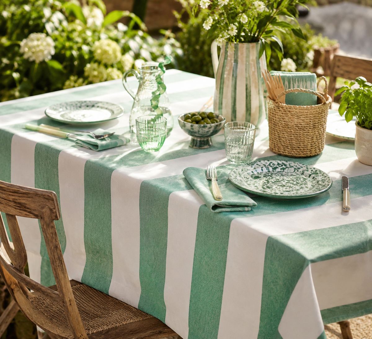 Green & Cream Striped Tablecloth – 160 x 250cm