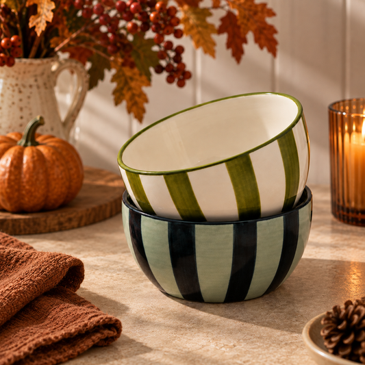 The Bella Striped Ceramic Dipping Bowls – Set of 2 - Olive & Blue