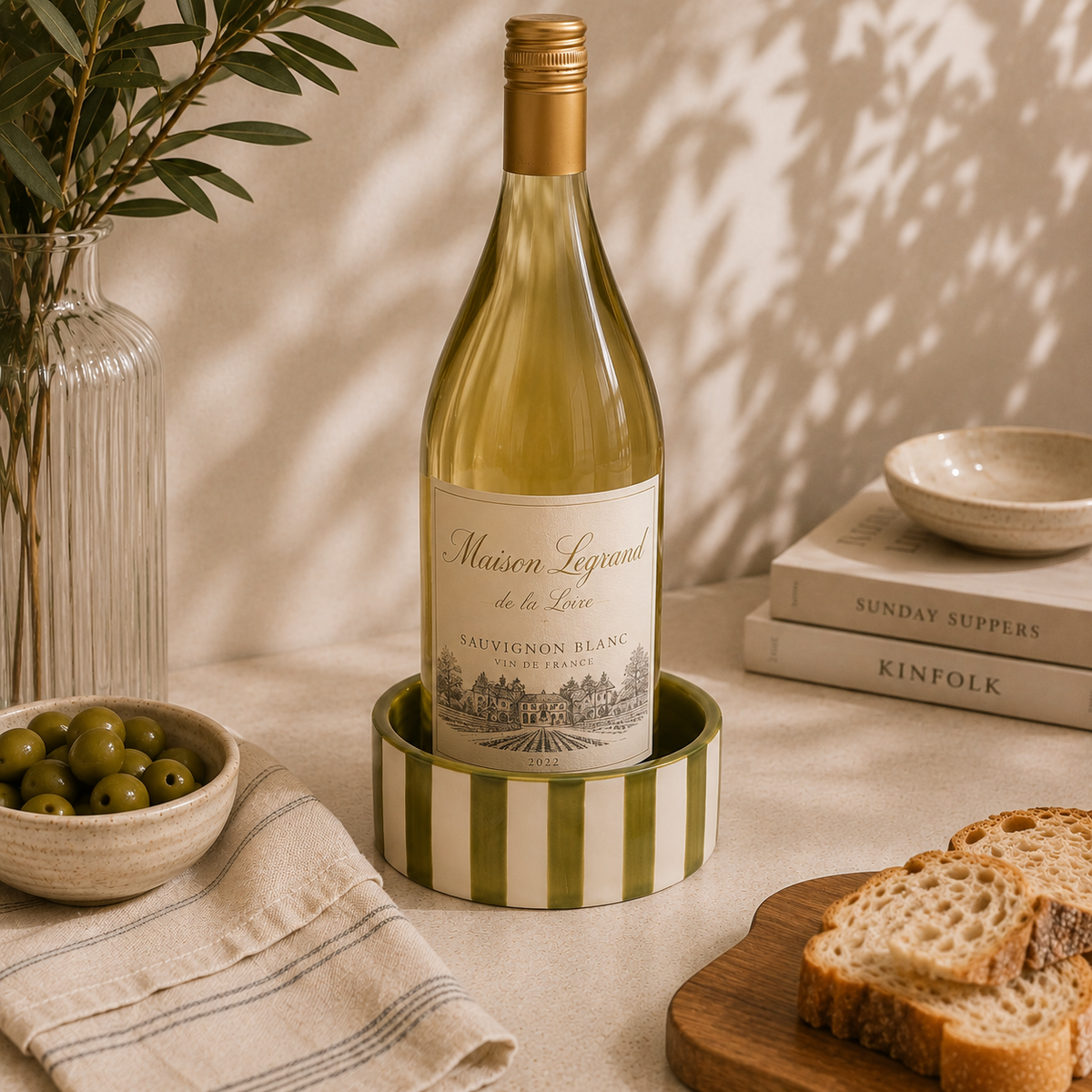 The Izzy Green Striped Ceramic Wine Coaster