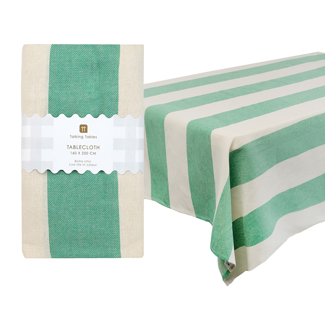 Green & Cream Striped Tablecloth – 160 x 250cm