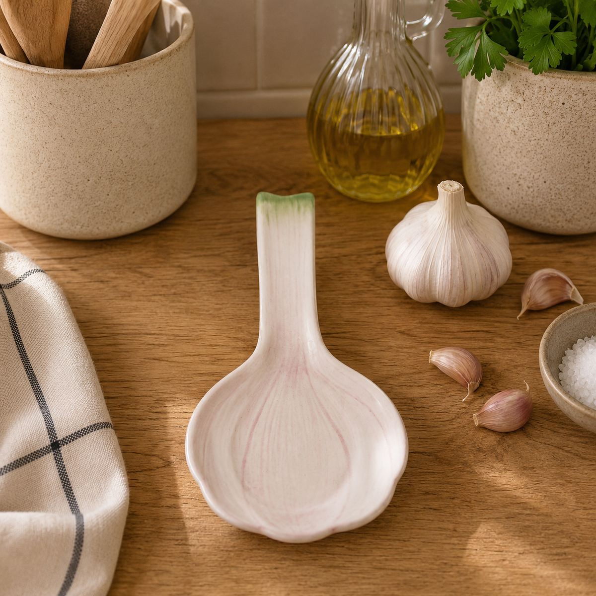 Garlic Ceramic Spoon Rest | Cute Kitchen Gift for Cooks | Cottagecore Utensil Holder