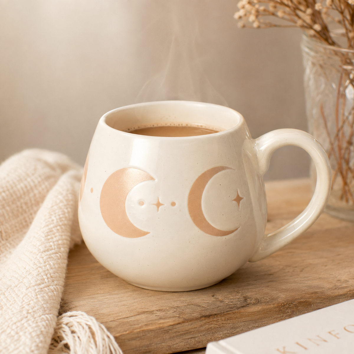 Moon Phase Ceramic Mug – Cream Celestial Moon & Star Mug