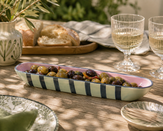 The Dean Striped Ceramic Olive Boat – Decorative Olive Serving Dish
