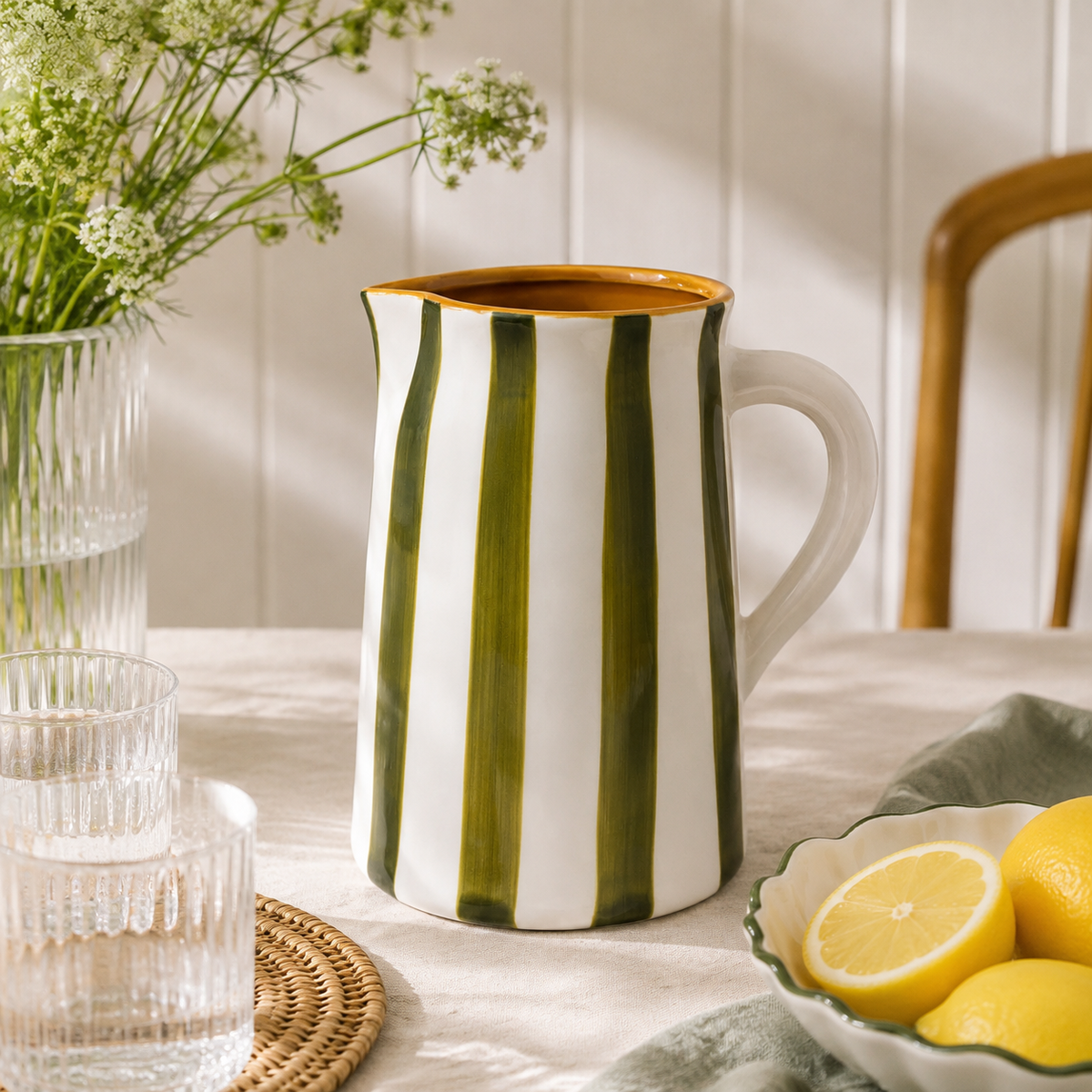 The Otis Olive Green Striped Ceramic Pitcher – 1.775L Decorative Jug