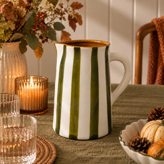 The Otis Olive Green Striped Ceramic Pitcher – 1.775L Decorative Jug
