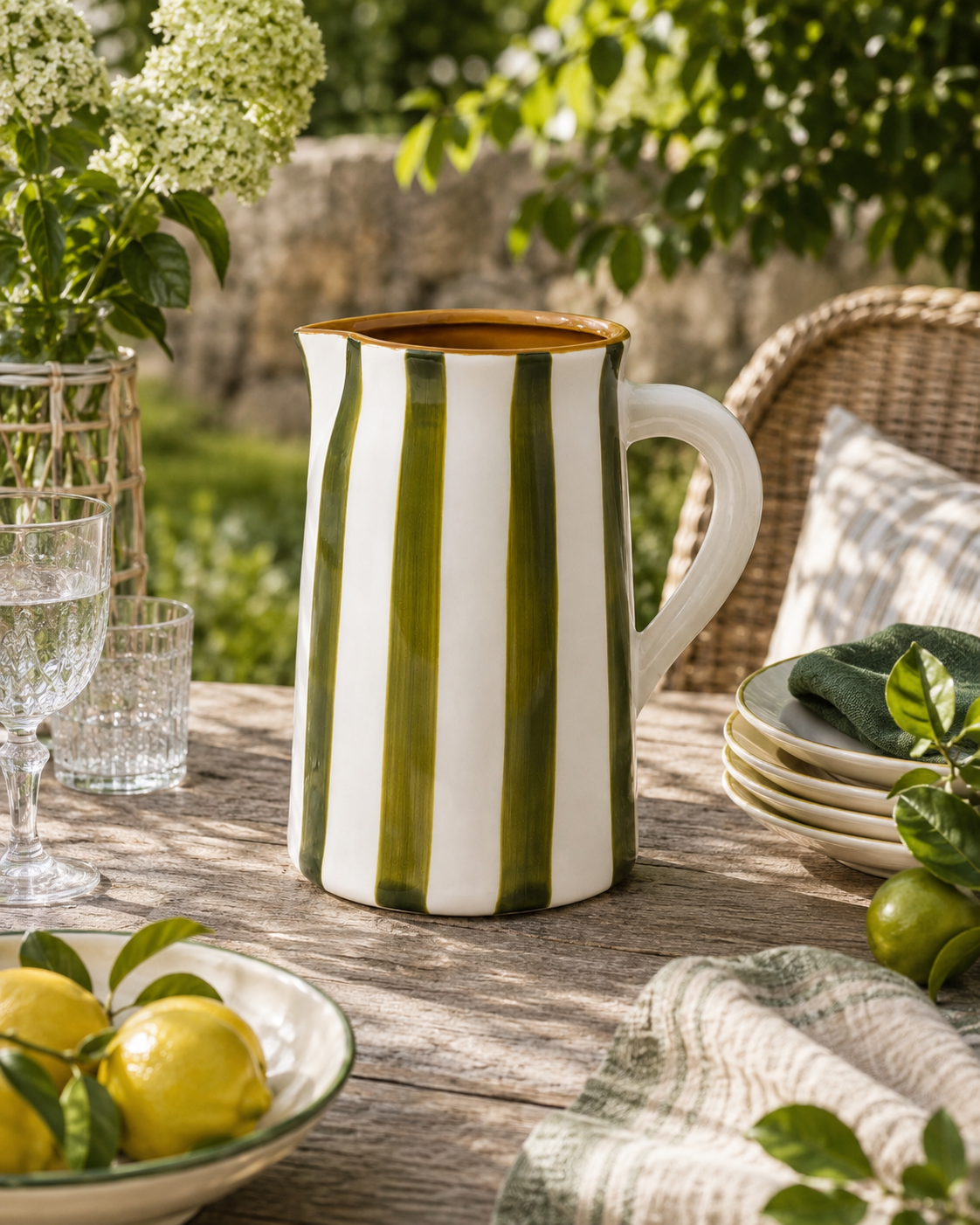 The Otis Olive Green Striped Ceramic Pitcher – 1.775L Decorative Jug