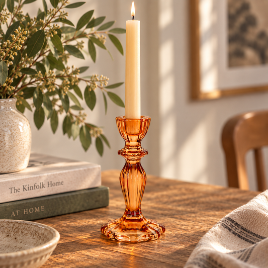 Orange Glass Candlestick Holder – Vintage Ribbed Taper Candle Holder