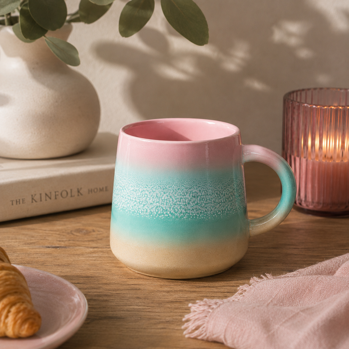 Pastel Ombre Mug – Pink & Green Ceramic Coffee Cup