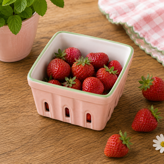 Pink Ceramic Strawberry Berry Basket