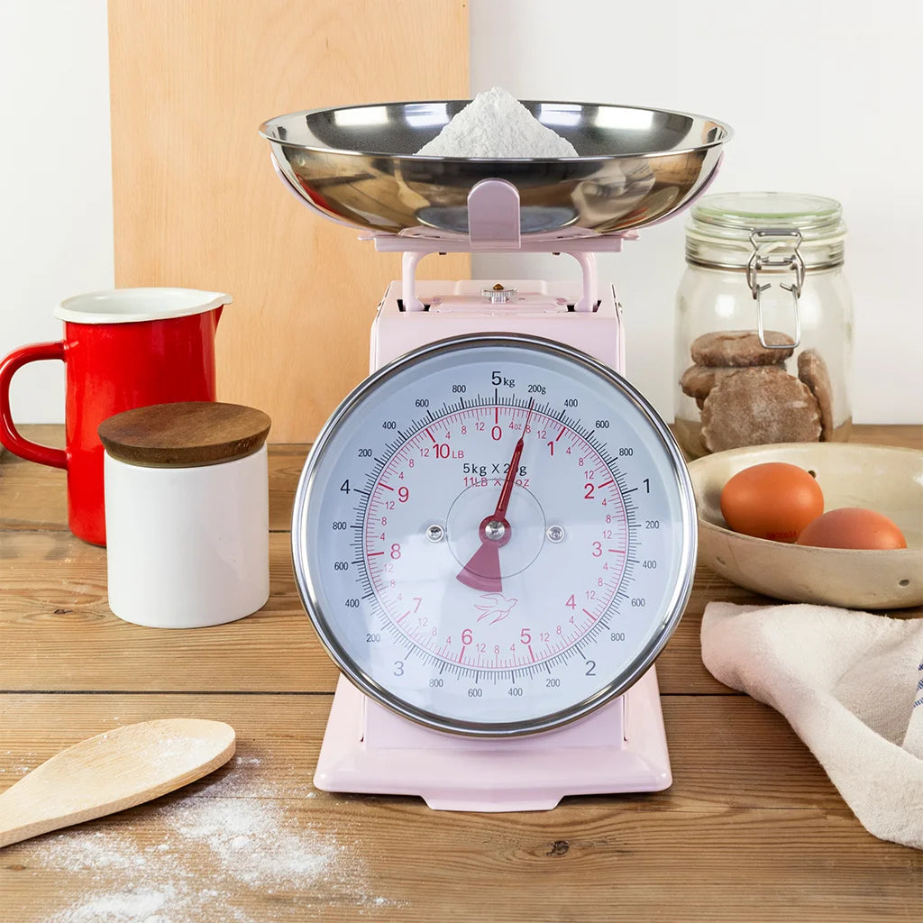 Pink Retro Kitchen Scales – Vintage Mechanical Baking Scales with Stainless Steel Bowl