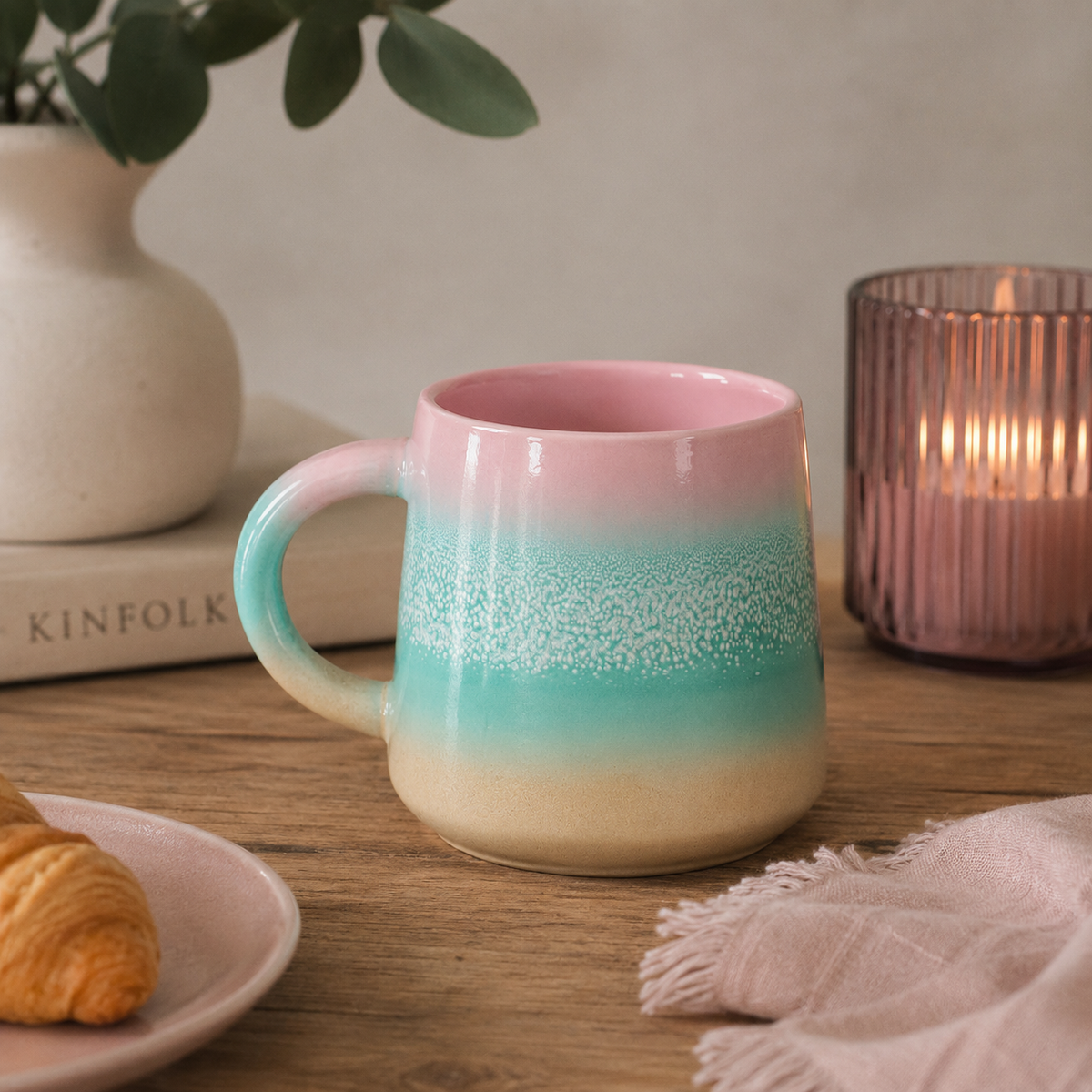 Pastel Ombre Mug – Pink & Green Ceramic Coffee Cup