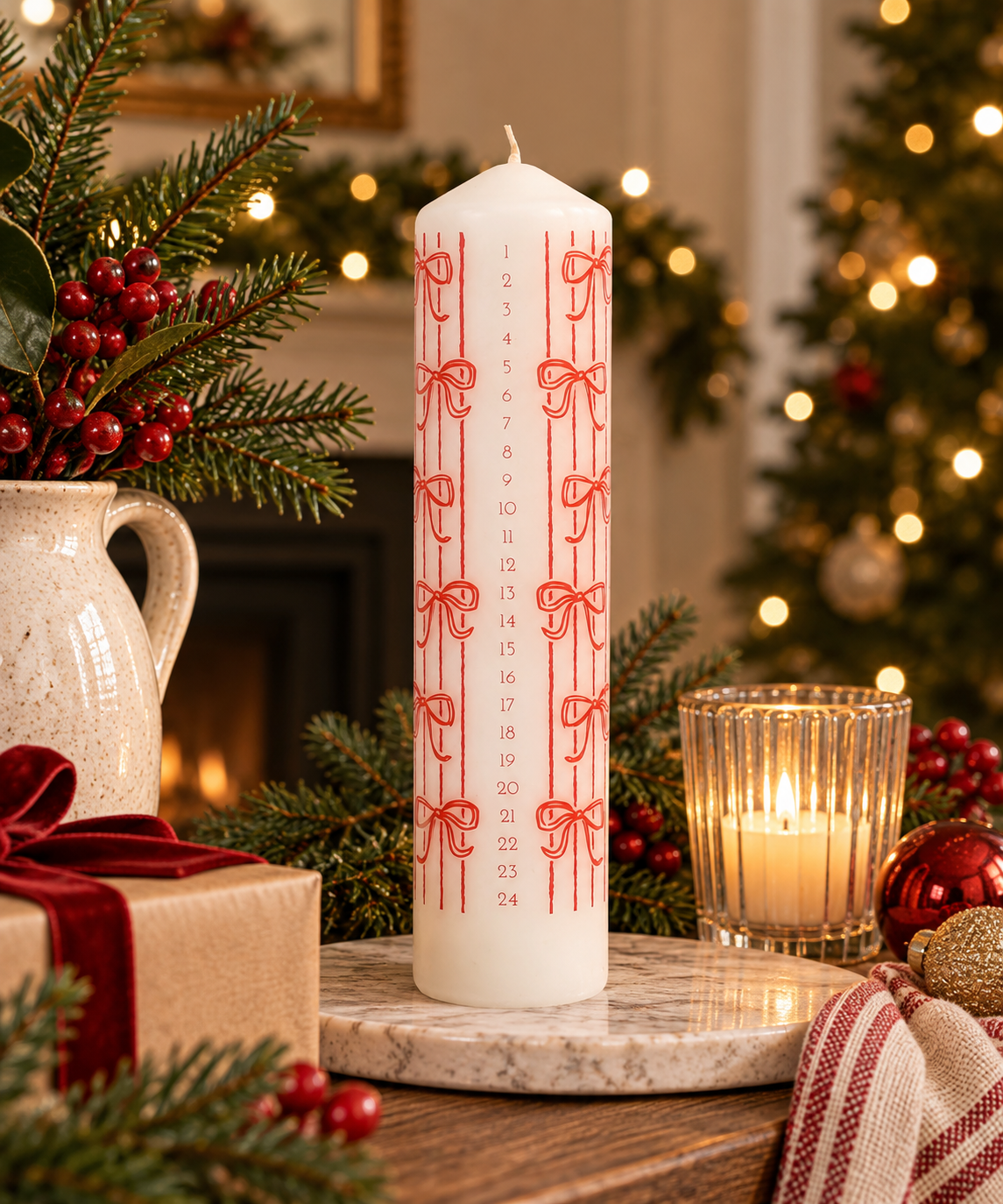 Red Bow Advent Candle | Christmas Countdown Candle 1–24