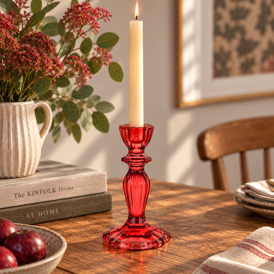 Red Glass Candlestick Holder – Vintage Ribbed Taper Candle Holder