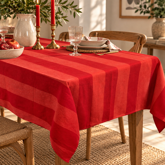 Red Striped Tablecloth – Cotton Blend Christmas Table Cover