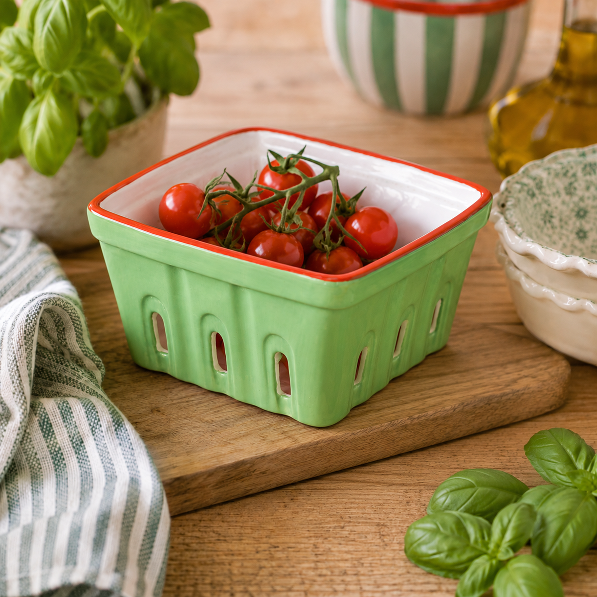 Green Ceramic Tomato Berry Basket