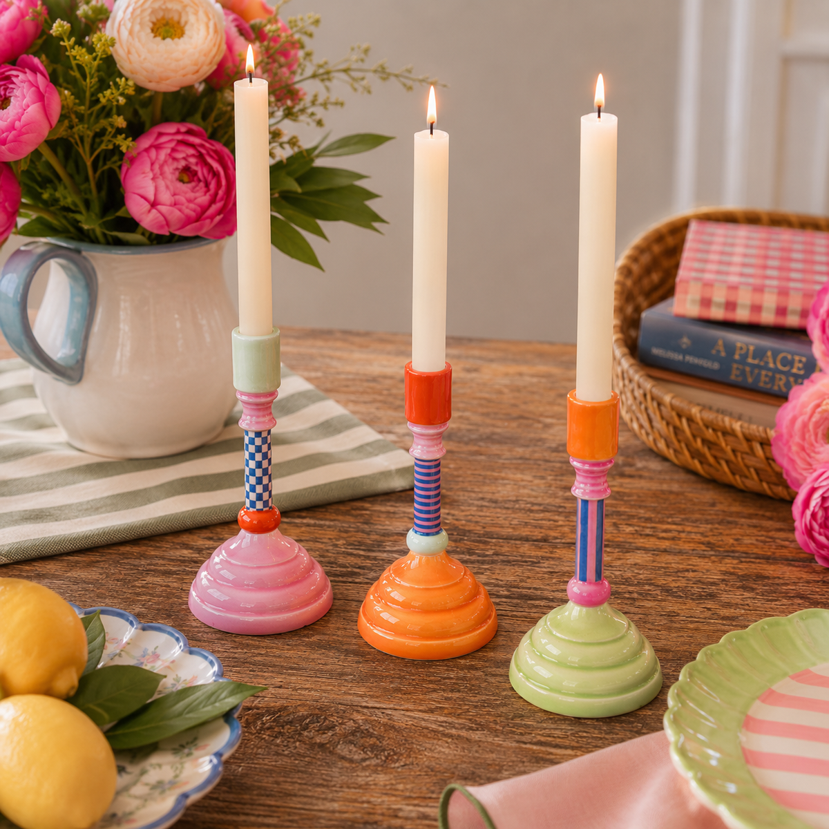Colourful Enamel Candlestick Holder – Pink, Green & Blue Taper Candle Holder