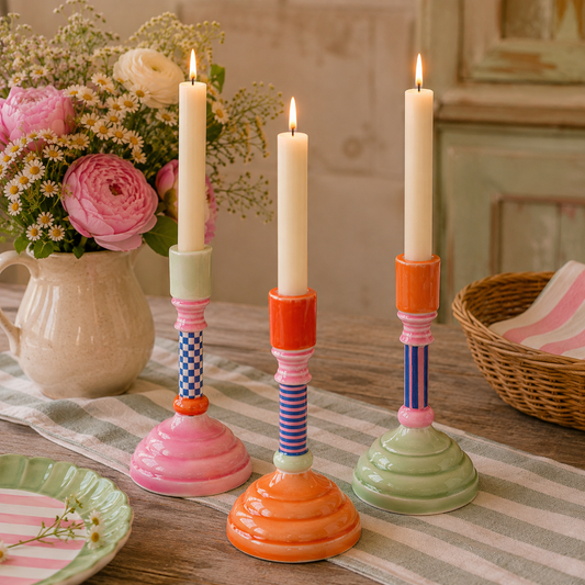 Set of 3 Colourful Enamel Candlestick Holders – Decorative Taper Candle Holders