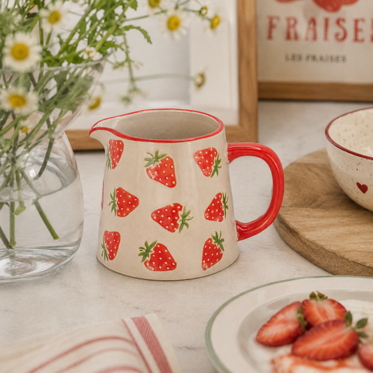 Strawberry Ceramic Milk Jug | Hand-Painted Creamer Pitcher for Tea, Coffee & Breakfast Table