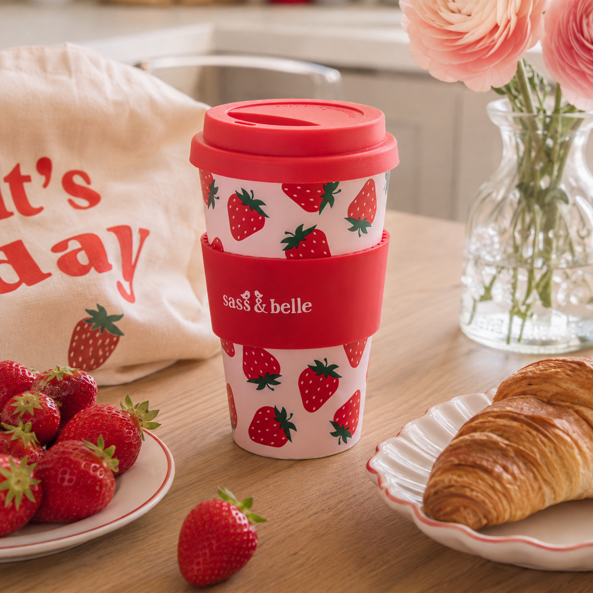 Strawberry Reusable Travel Cup – Pink & Red | Sass & Belle