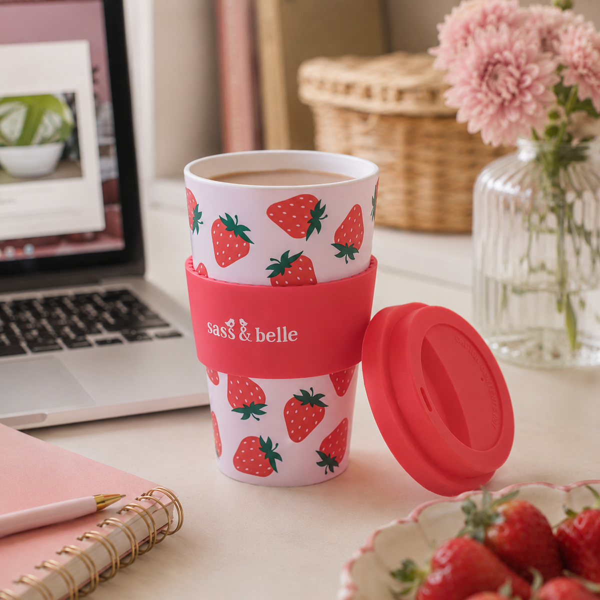 Strawberry Reusable Travel Cup – Pink & Red | Sass & Belle