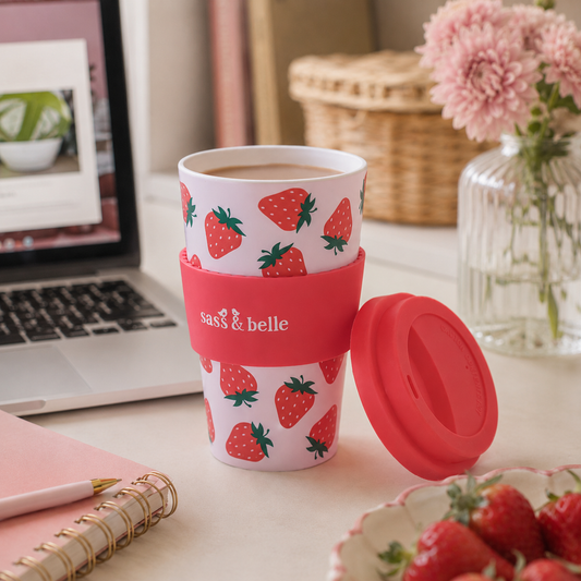 Strawberry Reusable Travel Cup – Pink & Red | Sass & Belle