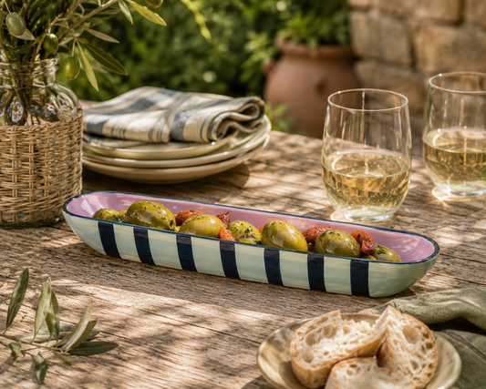 The Dean Striped Ceramic Olive Boat – Decorative Olive Serving Dish