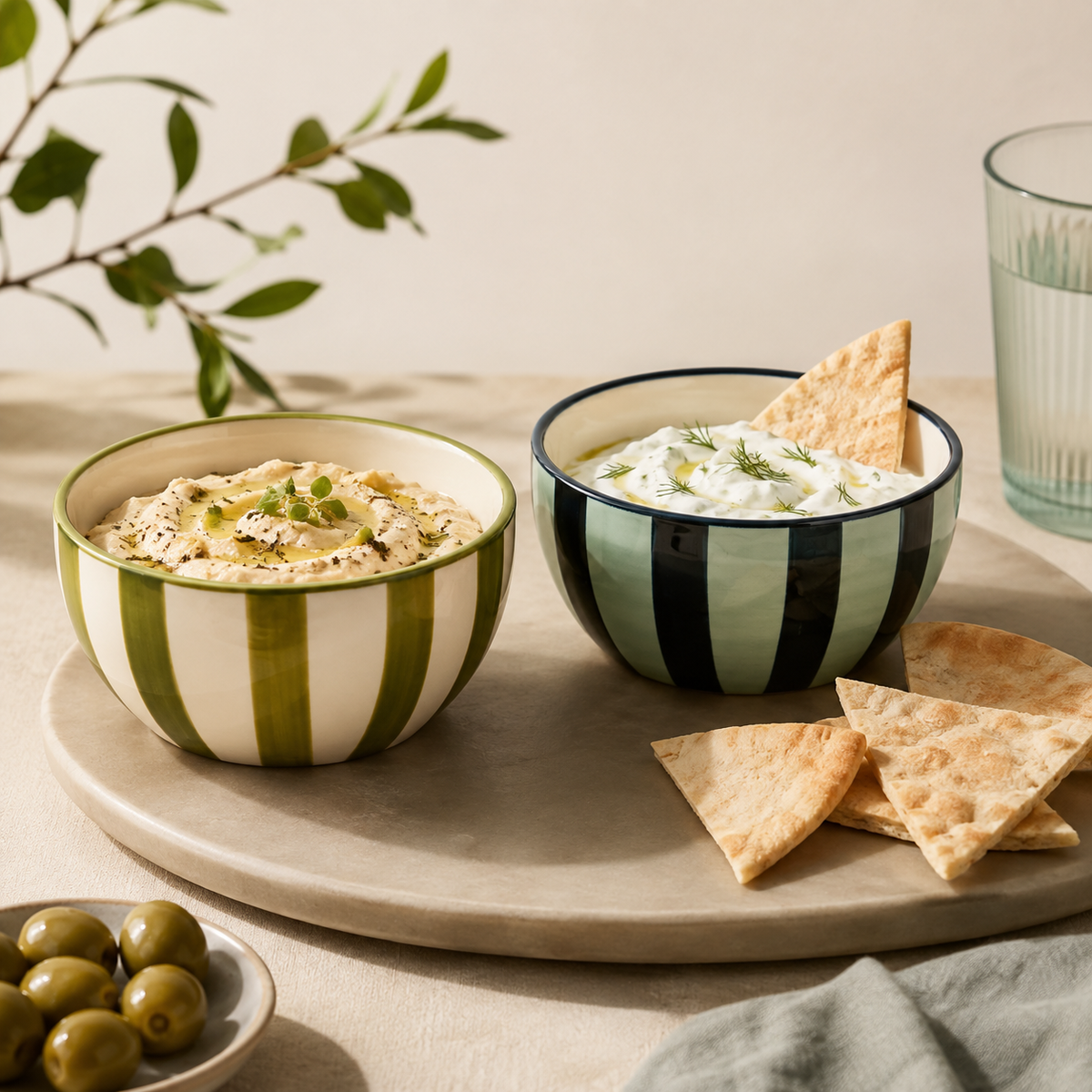 The Bella Striped Ceramic Dipping Bowls – Set of 2 - Olive & Blue
