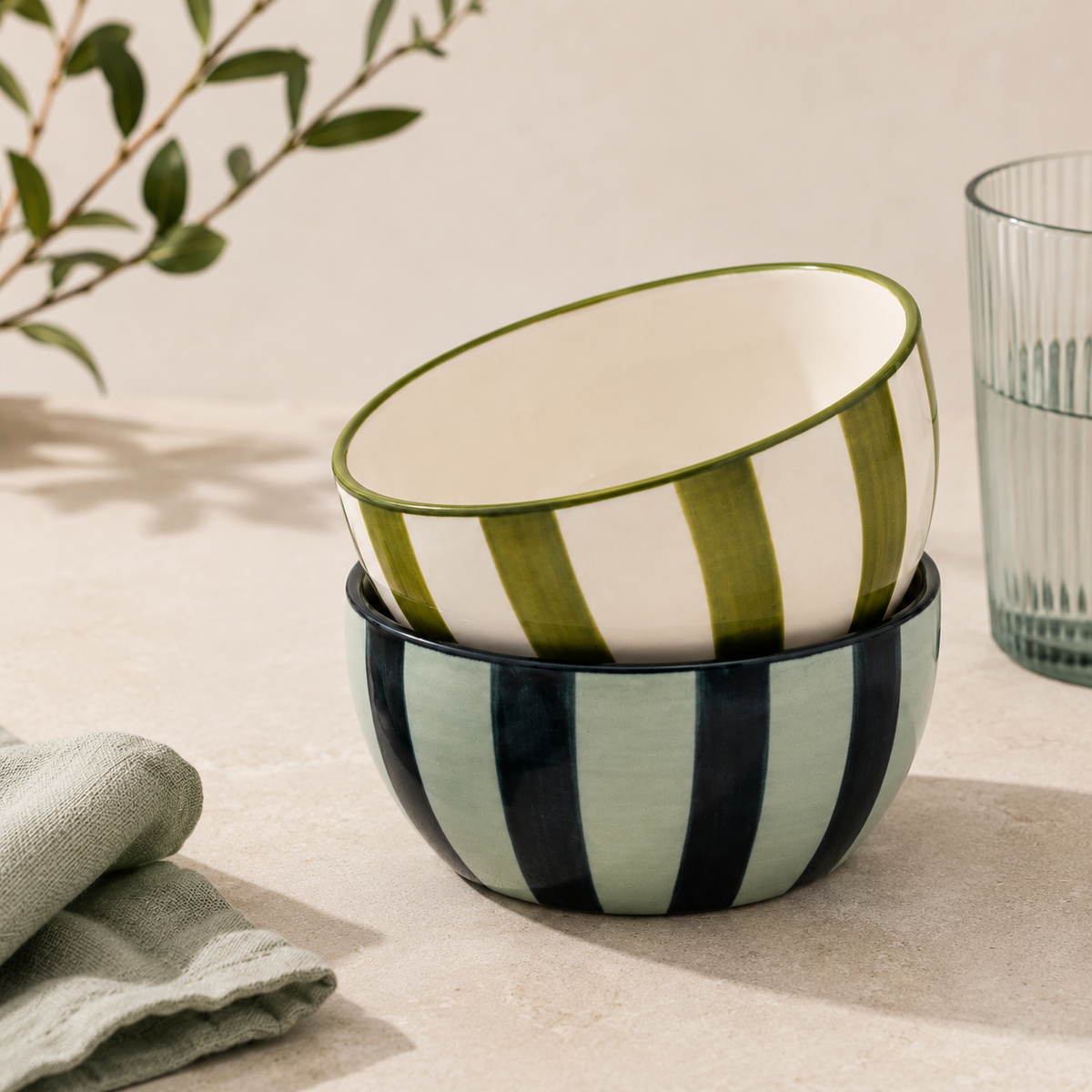 The Bella Striped Ceramic Dipping Bowls – Set of 2 - Olive & Blue