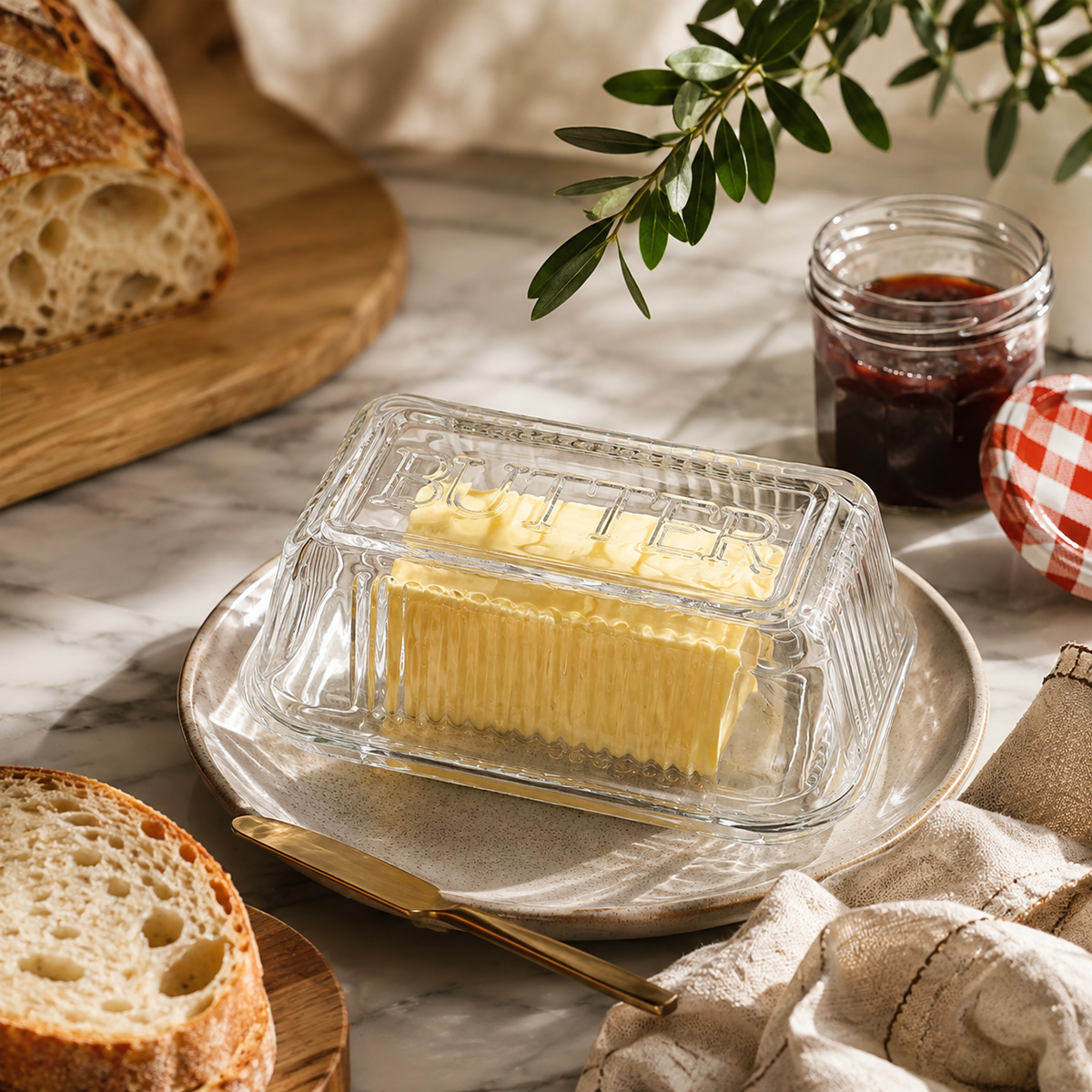 Clear Glass Butter Dish with Lid – Vintage Ribbed Butter Keeper