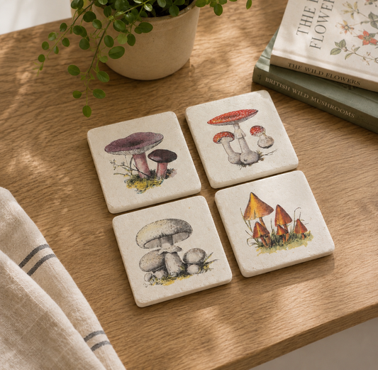 Vintage Mushroom Coasters Set of 4 | Cottagecore Botanical Drink Coasters | Nature Gift