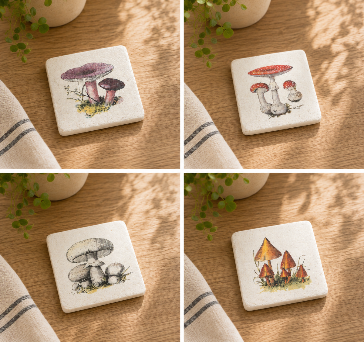 Vintage Mushroom Coasters Set of 4 | Cottagecore Botanical Drink Coasters | Nature Gift