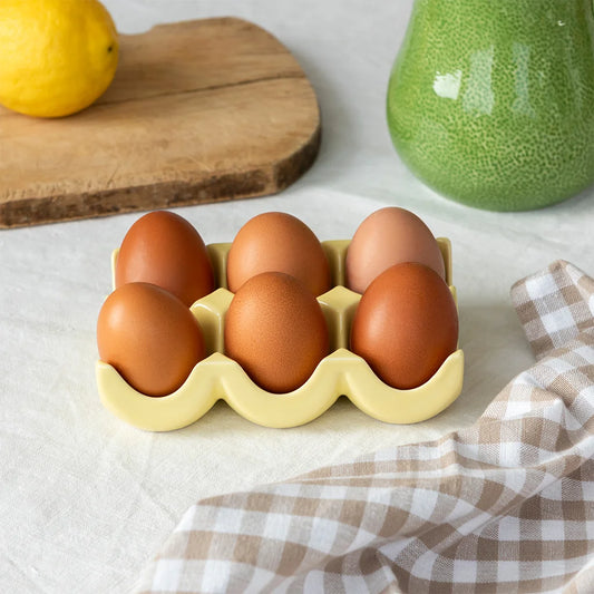 Yellow Ceramic Egg Holder – 6 Egg Storage Tray for Kitchen