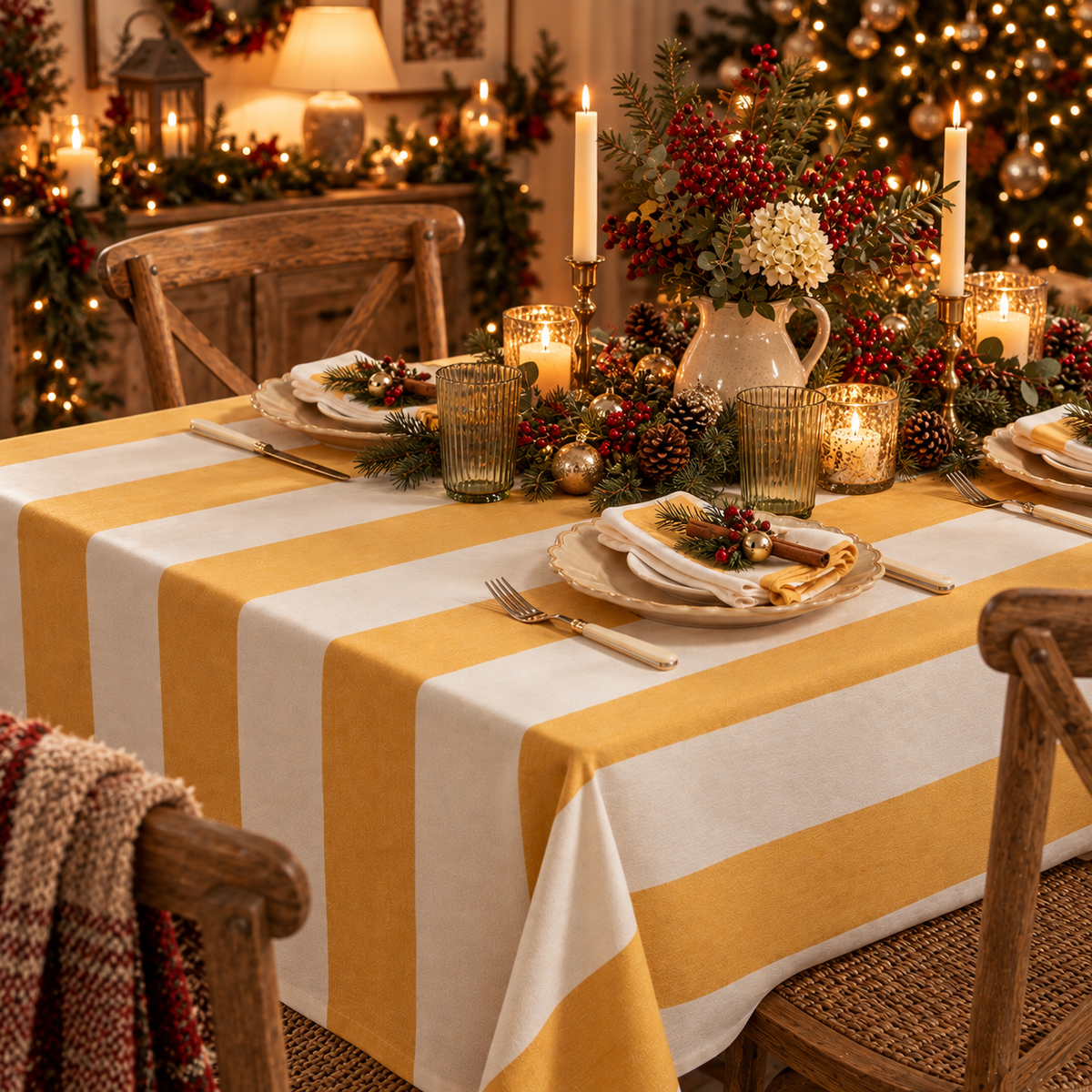 Yellow & Cream Striped Tablecloth – 160 x 250cm