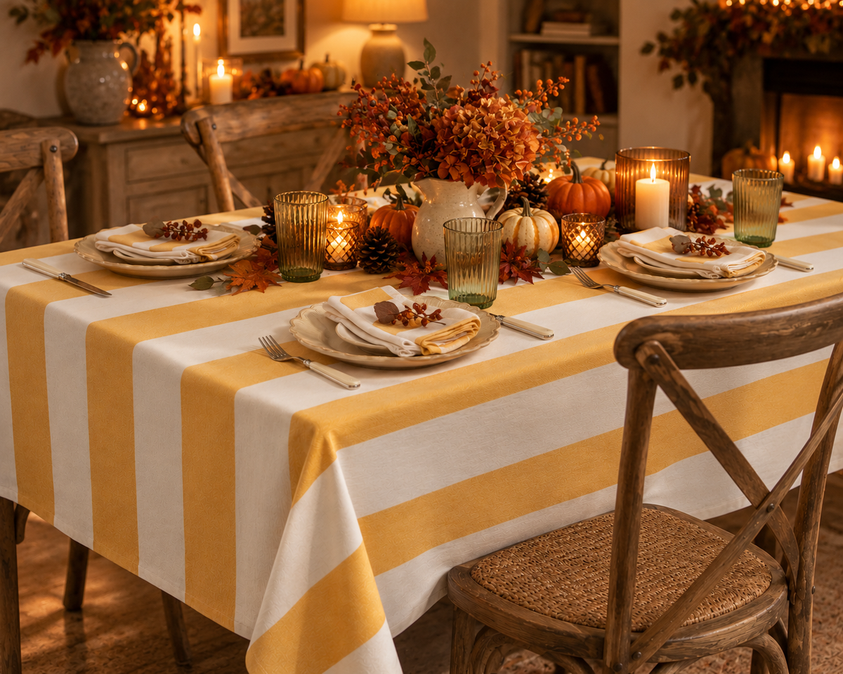 Yellow & Cream Striped Tablecloth – 160 x 250cm