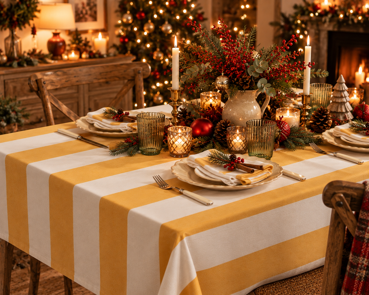 Yellow & Cream Striped Tablecloth – 160 x 250cm