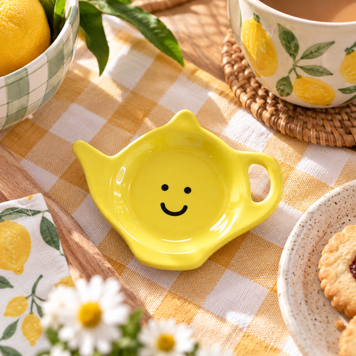 Yellow Smiley Teapot Dish – Cute Ceramic Tea Bag Dish Rest | Dopamine Decor