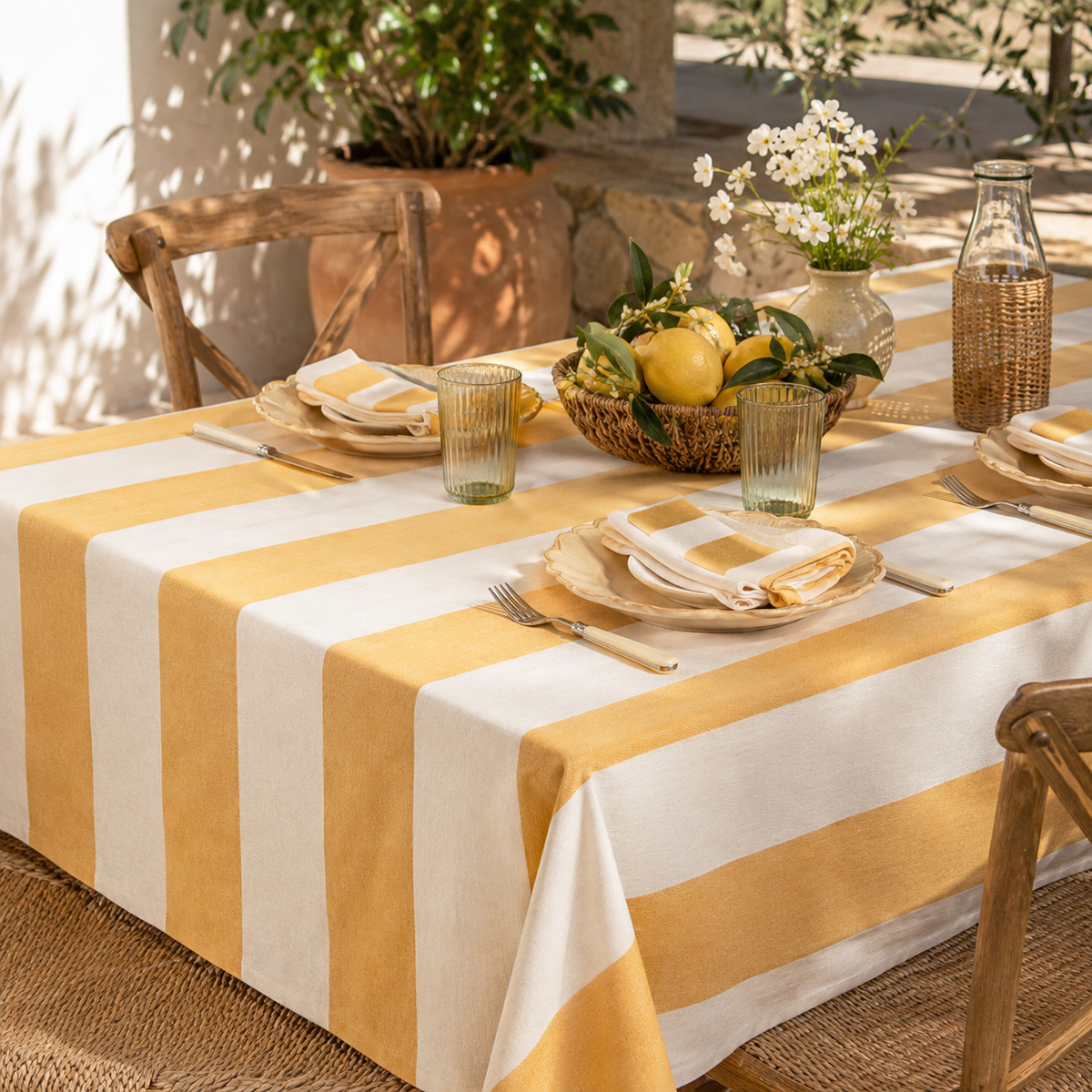 Yellow & Cream Striped Tablecloth – 160 x 250cm
