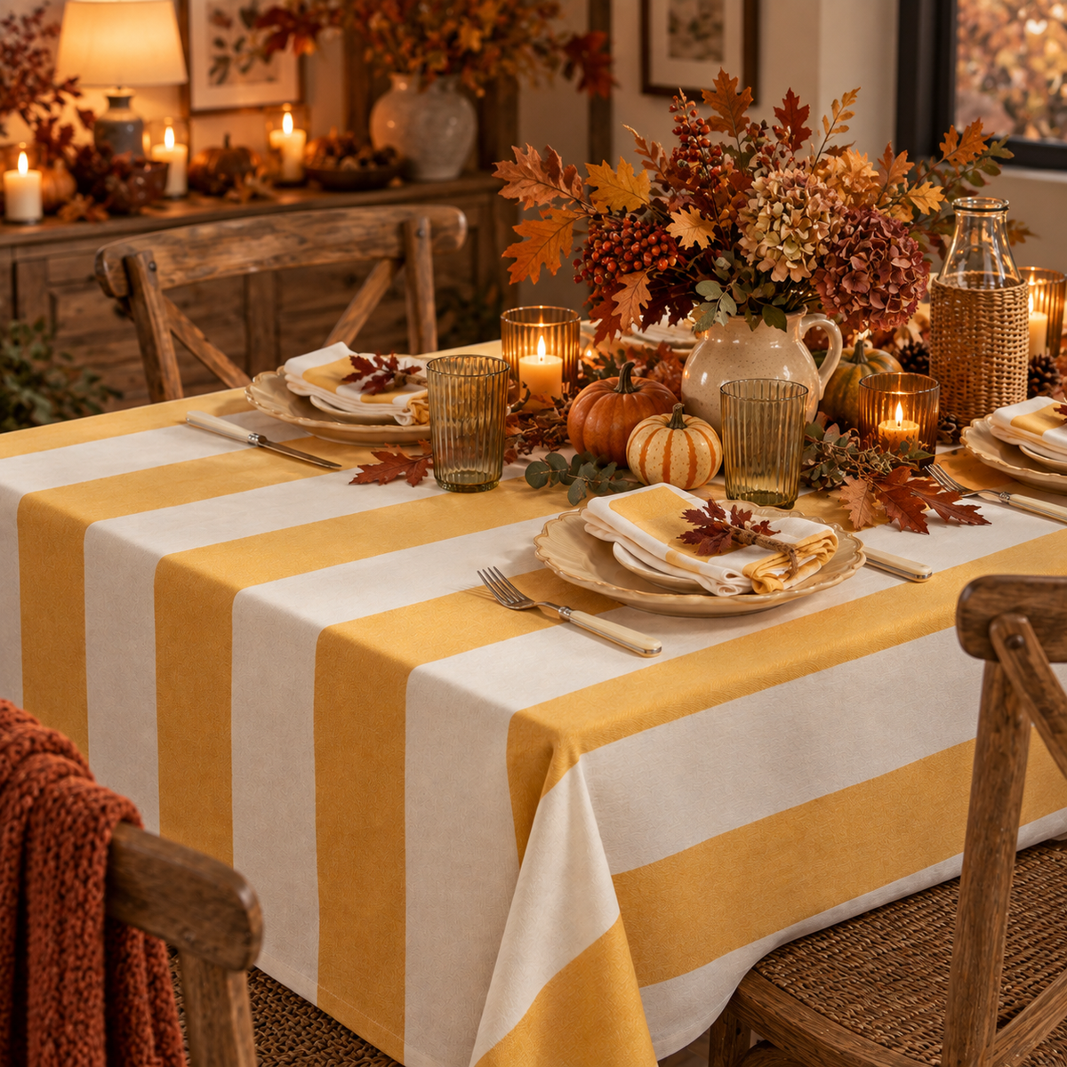 Yellow & Cream Striped Tablecloth – 160 x 250cm