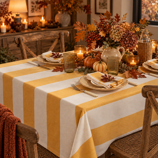 Yellow & Cream Striped Tablecloth – 160 x 250cm
