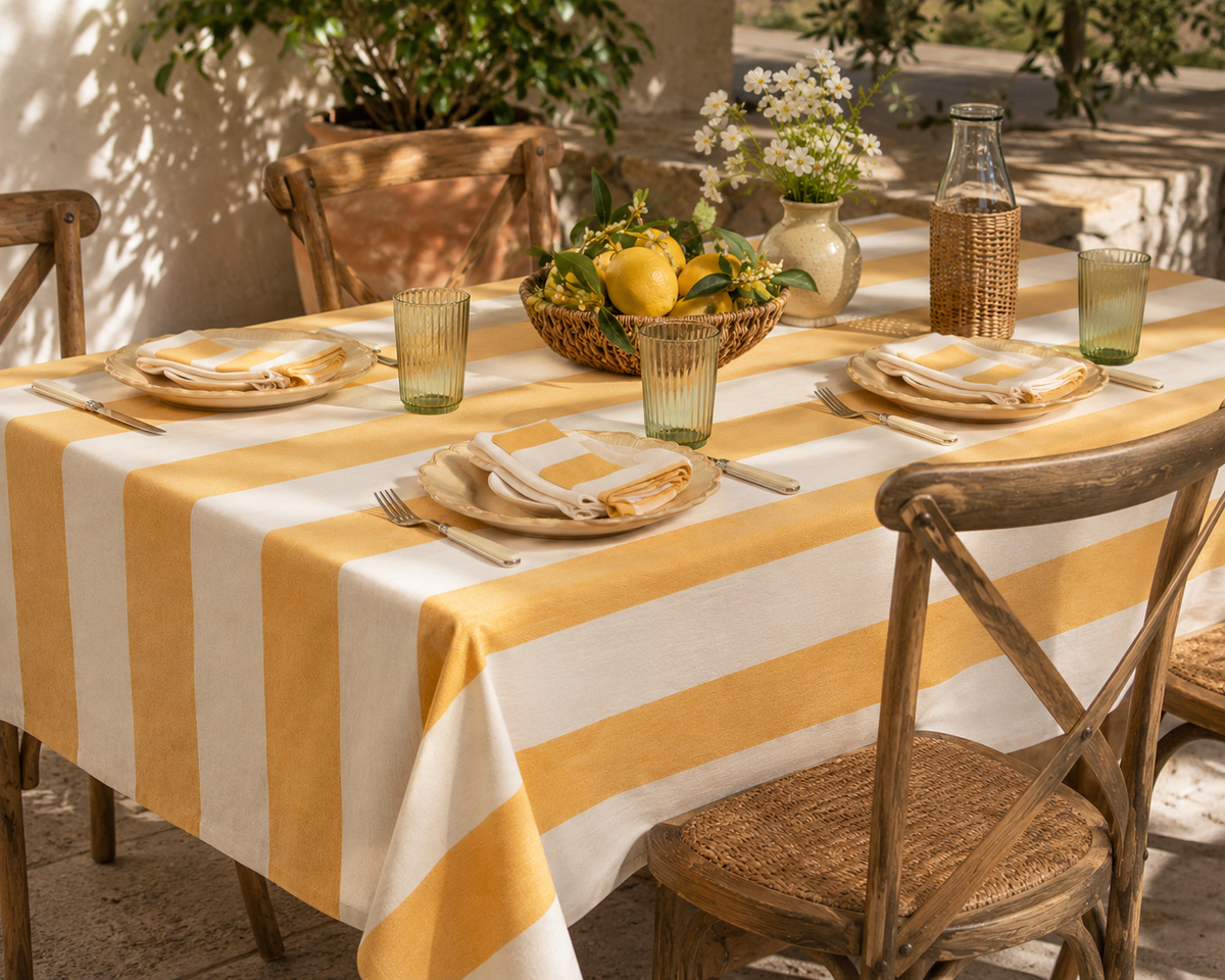 Yellow & Cream Striped Tablecloth – 160 x 250cm
