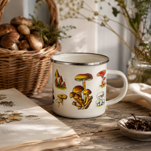 Vintage Mushroom Enamel Mug | Cottagecore Camping Gift | Botanical Nature Lover Mug